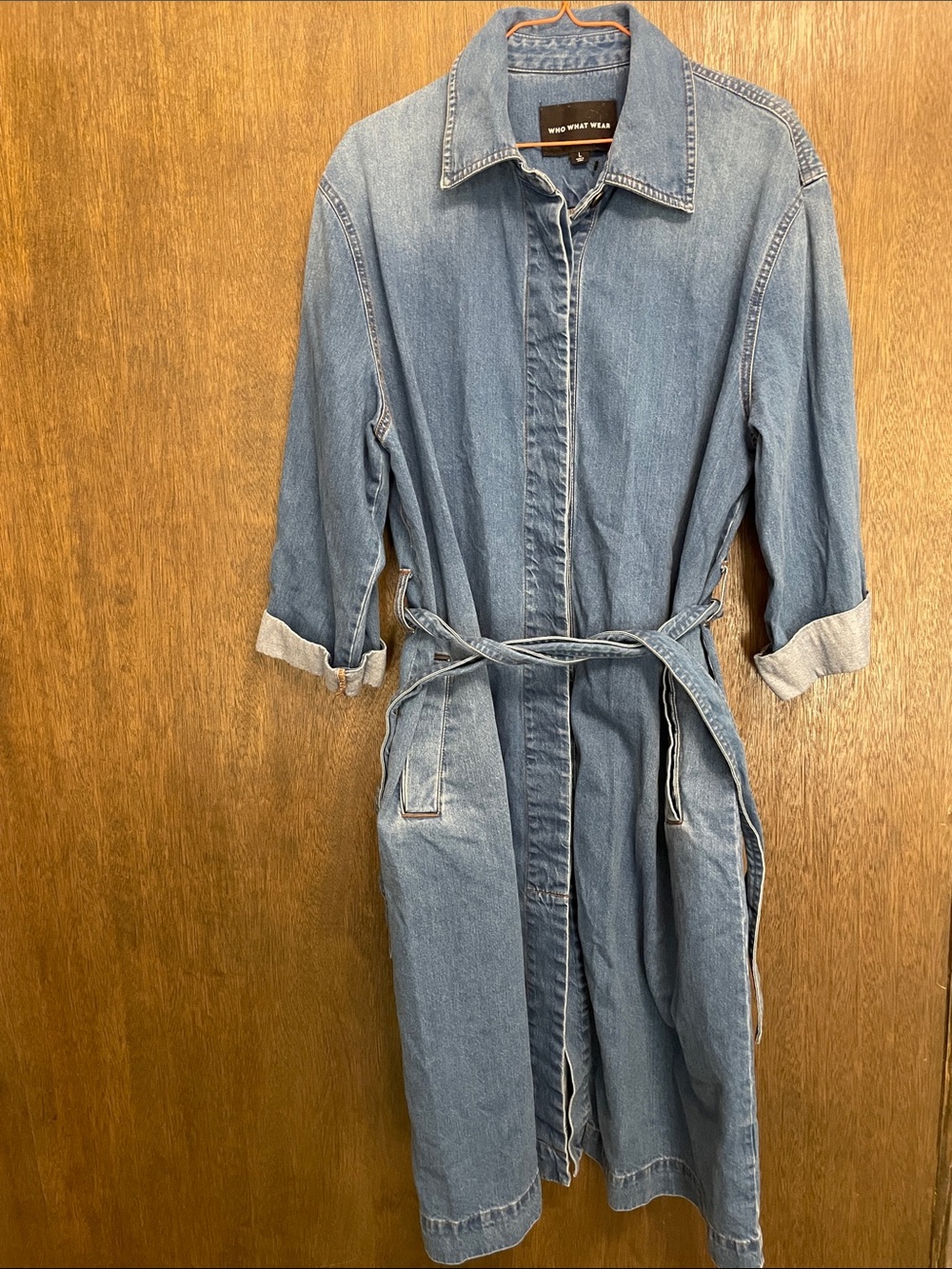 Who What Wear Light Blue Denim Trench Dress with Self-Tie Waist